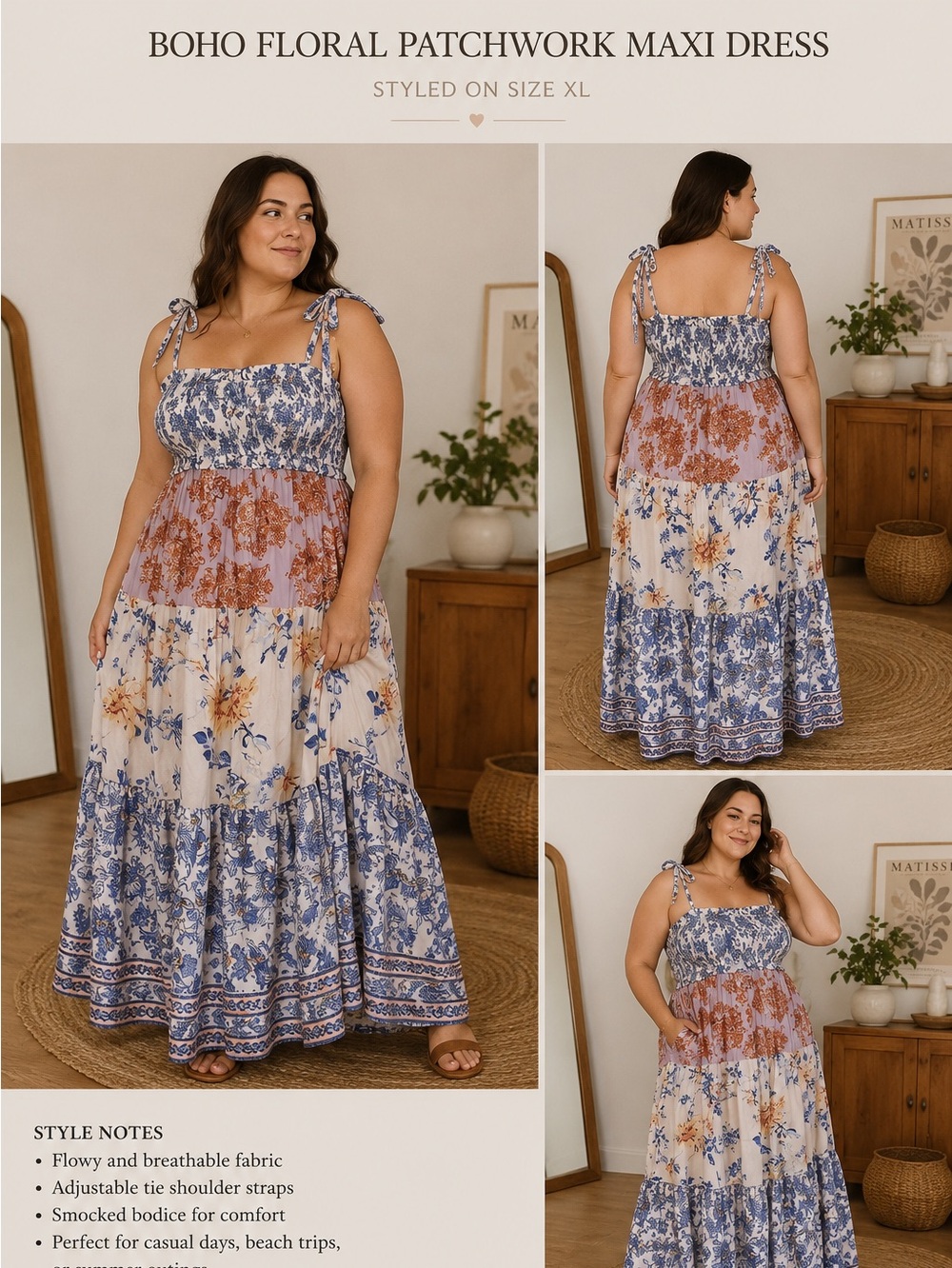 Boho Floral Patchwork Smocked Maxi Dress | Tie Shoulder | Cottagecore | Size XL